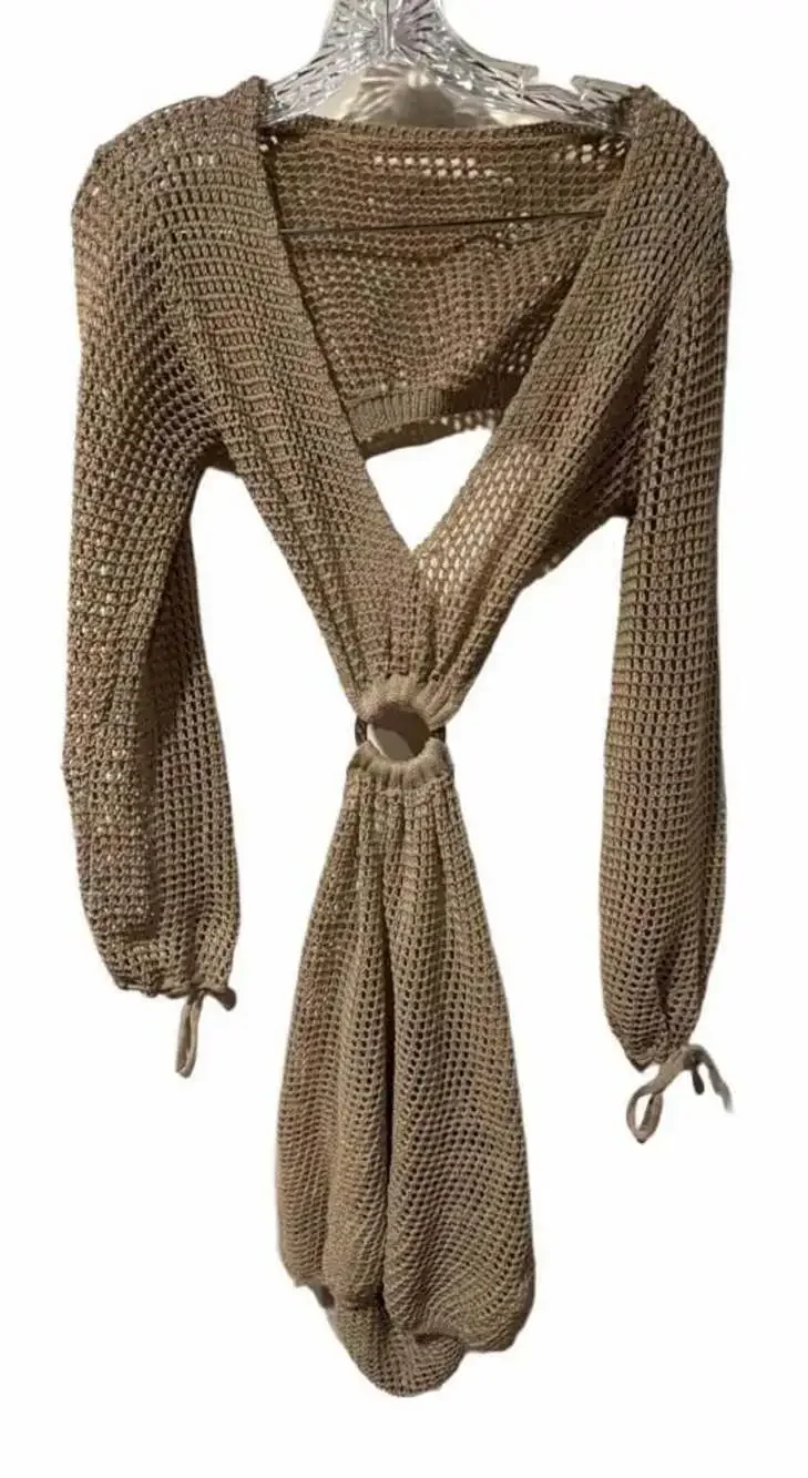 Tan Crochet Long Sleeve Beach Cover-Up Dress with O-Ring Cutout